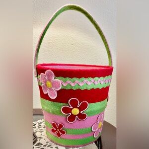 Large Felt Basket in Red, Pink, & Green Stripes and Embroidered Flowers